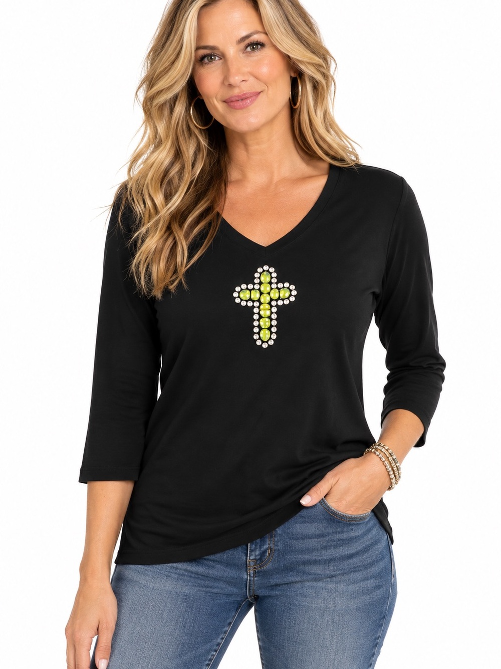 St. John's Bay Black V-Neck Top with Turquoise Stone & Rhinestone Cross — Size M